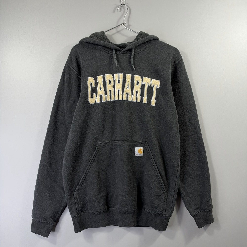 Carhartt Hoodie Mens Small Gray Fleece Pullover Kangaroo Pocket Logo Workwear